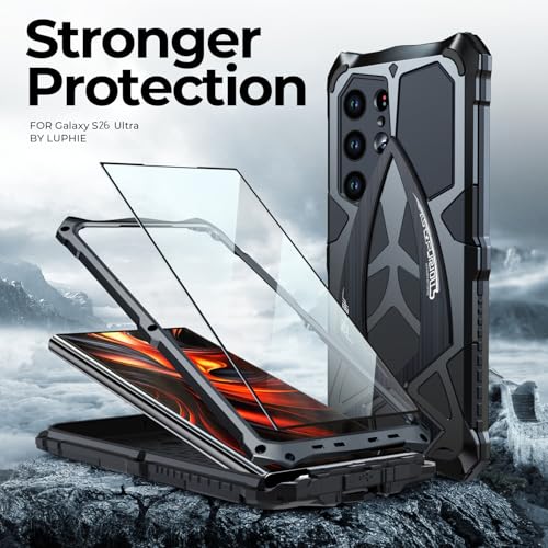 Image of Lunivop for Samsung Galaxy S26 Ultra Case 6.9 '' Metal Hard Phone Case Cover Case para Screw with Camera Protection Heavy Duty metalicas Military Grade Black