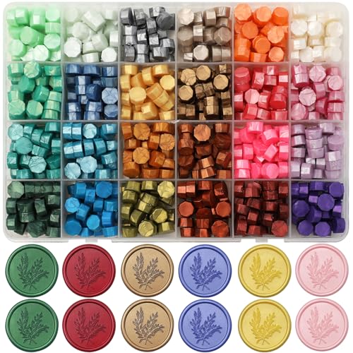 HOSEALING 600pcs Metallic Assorted Color Wax Seal Beads - 24 Colors Octagon Pellets for Wax Seal Stamp Decor for Envelope Wedding Invitation and Sealing Letter (24 Metallic Colors)