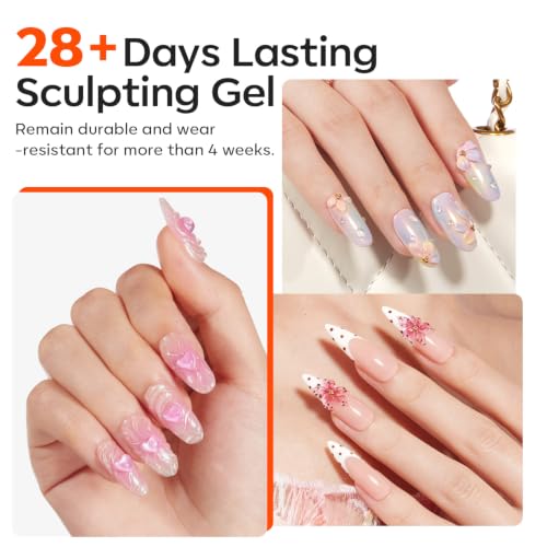 Image of modelones 3D Gel Nail Art Kit, Non-Sticky Clear and White Sculpting Gel for Nail Art Molding & Extensions with Chrome powder for Beginner DIY or Salon at Home Cured Needed