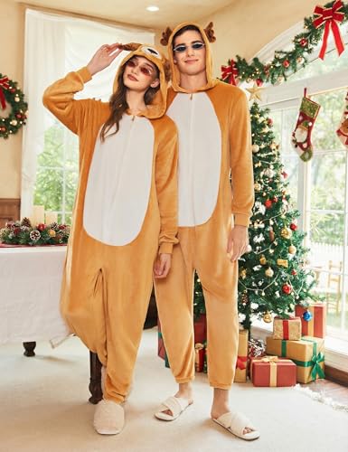 Ekouaer Tier Jumpsuit Kostüm mit Reißverschluss & Kapuzen Fleece Onesie Schlafanzug Fasching Halloween Cosplay Karneval Einteiler (Herren, Damen, Unisex) Rentier, L