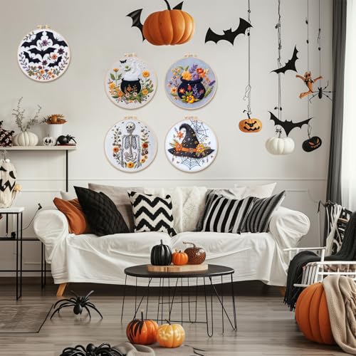 Image of Halloween Embroidery Kit,Halloween Cross Stitch Kit,DIY Embroidery Kits for Adults,Embroidery Kit for Beginners with Pattern,Cotton Threads,Needles,Instruction,20cm Hoop,for Decor Home Room(Witch hat)