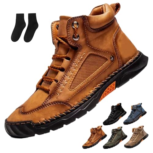 Hillde Shoes, Hillde Mens Shoes, Hillde Boots Men's Casual Leather Fashion Sneakers Ankle Chukka Boots Handmade Mid-top Non-Slip Walking Driving Shoes(Brown,US 10.5)