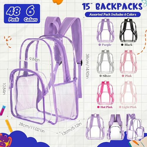 Image of Amylove 48 Pcs Clear Backpack bulk for Stadium Events Heavy Duty PVC Transparent Bookbag for College Workplace Security (15 Inches,6 Colors)