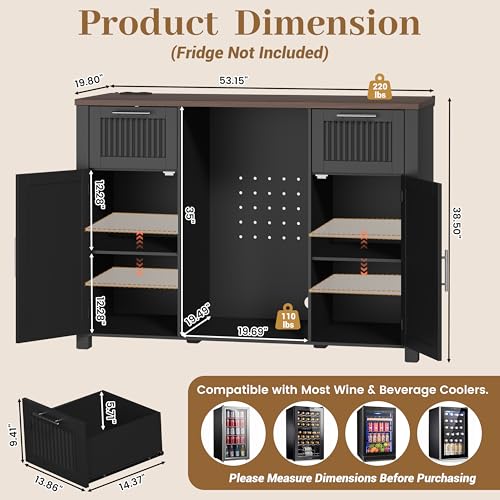 Image of Coffee Bar Cabinet with Fridge Space, Mini Fridge Cabinet with Power Outlet, Modern Wine Liquor Cabinet with 2 Drawers, Fluted Buffet Sideboard with Door Storage for Living Room, Kitchen, Home, Black