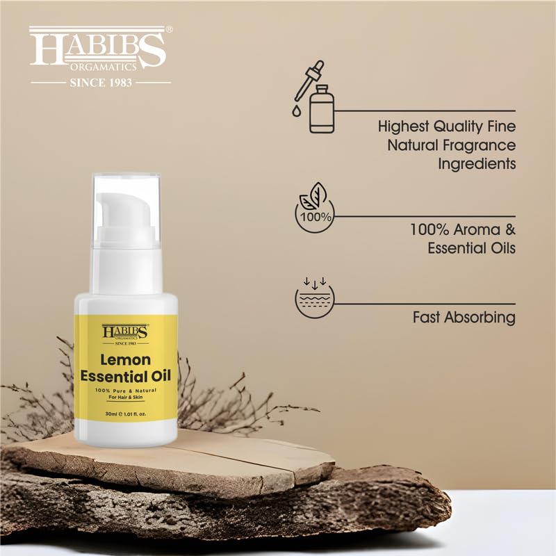 Image of Habibs Pure Lemon Essential Oil - 100% Undiluted, Therapeutic Grade for Uplifting Aromatherapy & Cleaning 30ML