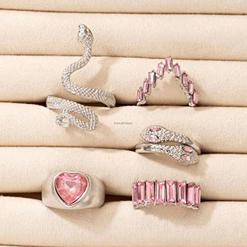 5-Piece Pink Stone Heart-Snake Stackable Rings Set