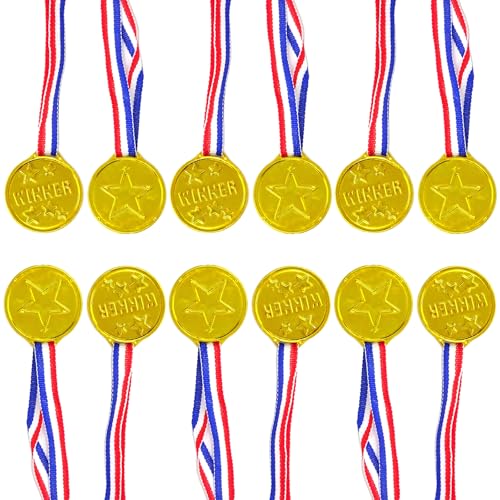 WOLMIK Lot de 12 médailles de gagnants en plastique doré avec rubans de cou pour fête, festival, sport, compétition, jouets, prix, récompenses
