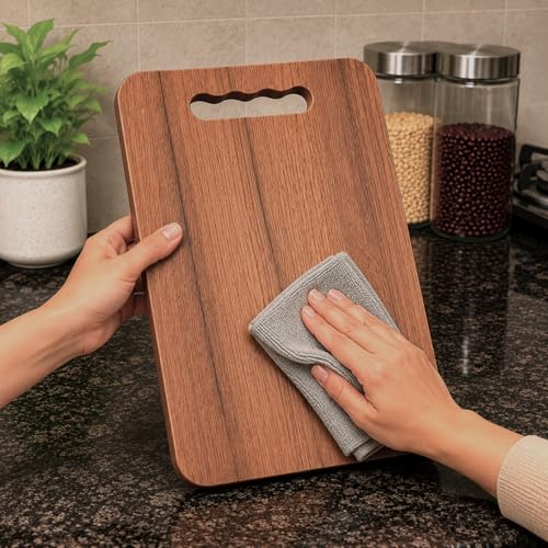 Image of Wooden Bamboo Cutting Board with Antibacterial Surface with Stainless Steel Handle, Chopping Board for Kitchen, Cutting Board for Kitchen(Wooden Chopping Board 22 x 32 CM)