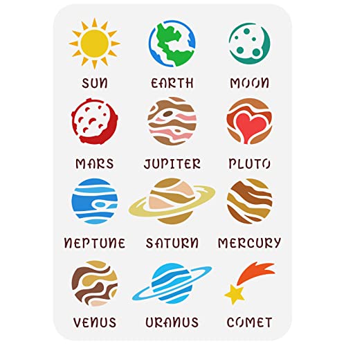 FINGERINSPIRE Solar System Planets Painting Stencil 21x29.7cm Reusable Outer Space Planets Pattern Drawing Template Sun Moon Earth Mars Plastic Stencil DIY Craft for Painting on Wall Wood Furniture