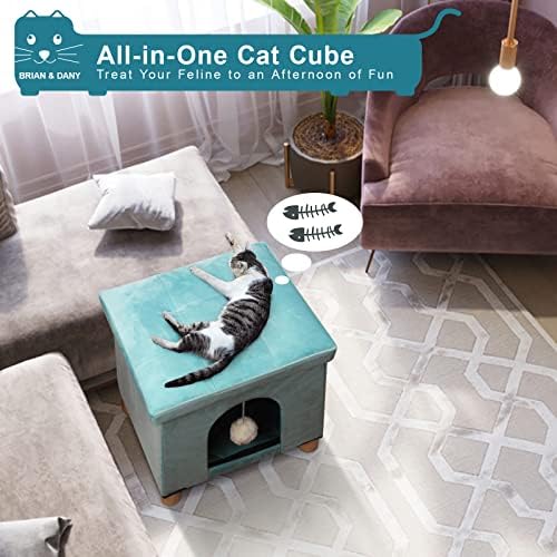 BRIAN & DANY Foldable Cat Bed for Indoor Cats, Large Cat Cube for Pet Cat House with Cat Scratch Board & Cat Ball, 37x31.8x36 CM, Green
