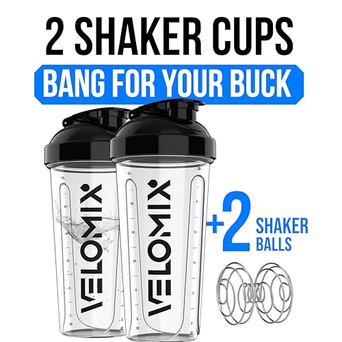 Image of VELOMIX -2 Pack- 28 oz Protein Shaker Bottles for Protein Mixes - 2x Wire Whisk | Leak Proof Shaker Cups for Protein Shakes and Pre Workout | Protein Shaker Bottle Pack (D6) Transparent