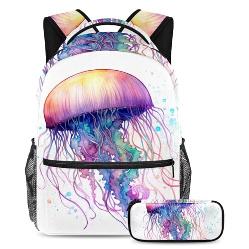 Sac à dos méduse aquarelle 2 pièces grand format pour la rentrée scolaire
