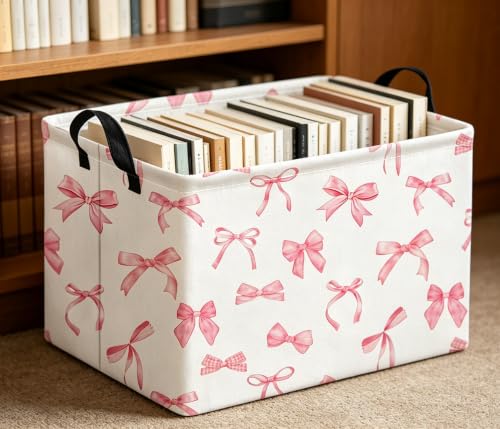 Image of Rectangle Storage Basket with Handles,Waterproof Books Bin,Gift Basket,Room Decor(Pink Bowknot)