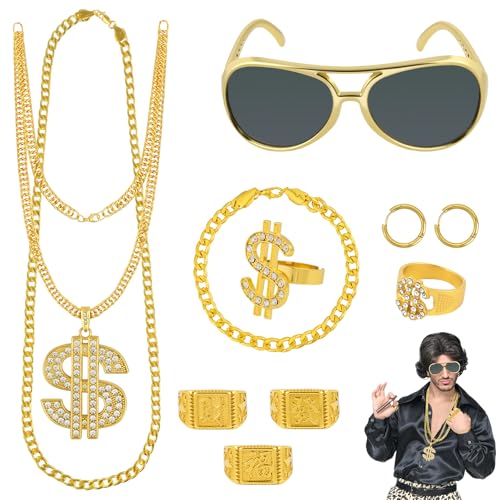 BSBUY Kit de Costume de Hip Hop, 10Pcs Accessoires de Rappeur Années 80-90 Adulte Enfant avec Chaîne Plaquée Or, Rappeur Collier Dollar, Déguisement Rappeur Accessoires pour Concerts de Rap, Fête