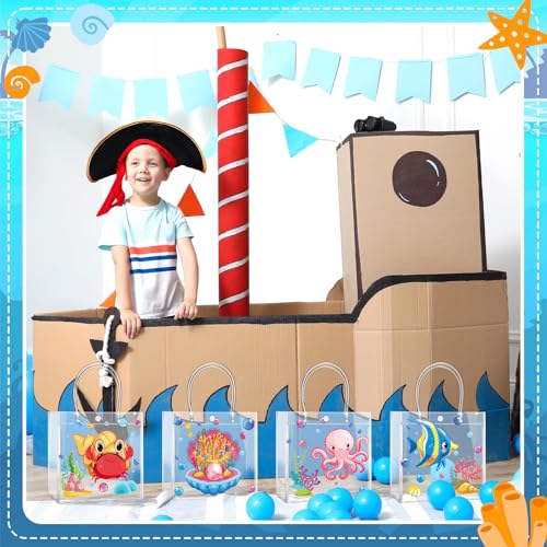 Image of Teenyyou 24 Pcs Sea Animal Party Favor Bags PVC Clear Ocean Gift Bags with Handle for Birthday Party Supplies