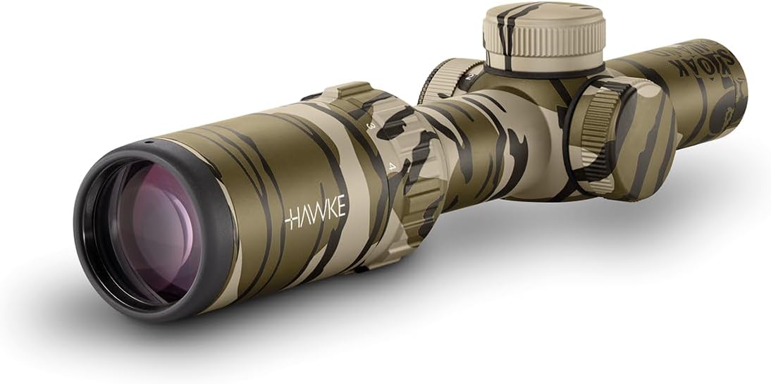 Hawke Vantage IR 1-4x20mm, Turkey Dot IR, 1/2 MOA Low-Profile, Fixed Parallax, 11 Layer Multi-Coated, Fast Focus Rifle Scope with 1 Inch Scope Tube and Capped Turret, Mossy Oak Bottomland