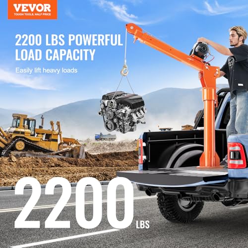 VEVOR 2200 lbs Electric Pickup Truck Crane with Electric Winch 6000 lbs 12V, Folding Truck-Mounted Bed Crane, Steel Pickup Truck Jib Crane Hoist 360° Swivel for Lifting Goods in Construction, Factory