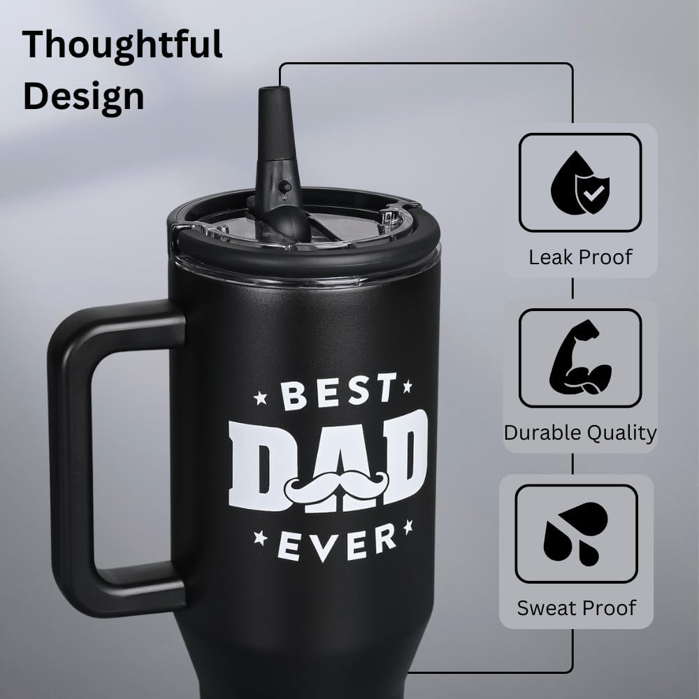 Christmas Gift for Dad - 40 oz Tumbler with Handles & Straw Lid, Insulated Travel Coffee Mug, Leak Proof Tumbler, Best Dad Ever Stainless Steel Cup with Cleaner Birthday Gifts for Father - Image 4