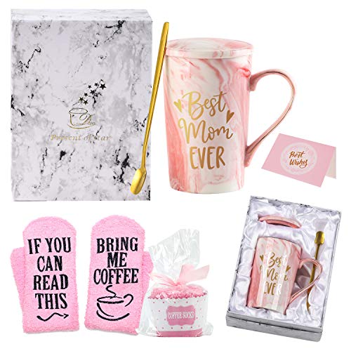 Birthday Gifts for Mom, Best Mom Ever Coffee Mug, Funny Mom Gifts from Daughters Sons, 14 OZ Marble Ceramic Coffee Cup Set (Pink)