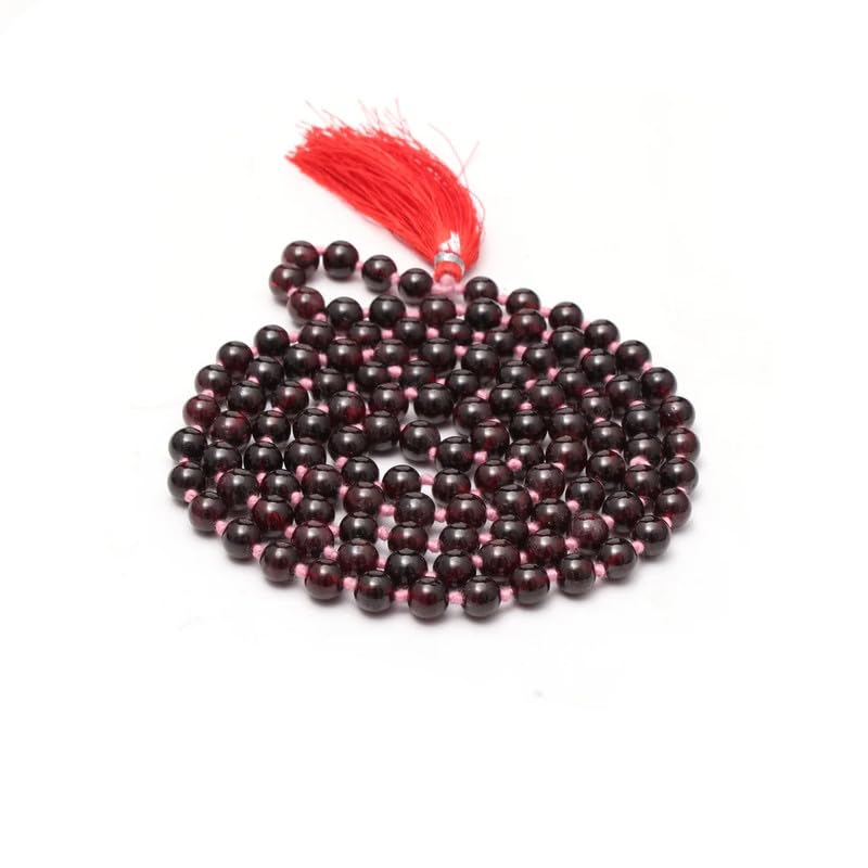 Collar Mala 108 granate rojo AAA Natural | Mala|108 Mala con cuentas de oración | Mala anudada a mano | Japa Mala| Cuentas redondas de 6 mm | Borla de meditación