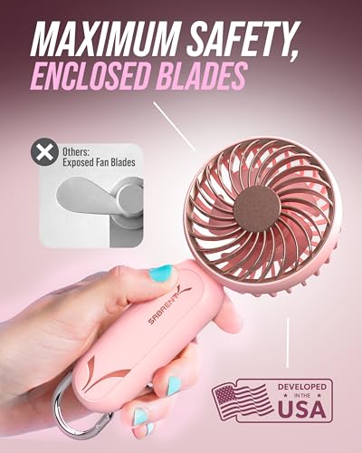 Image of SABRENT ChillyPop Mini Portable Handheld Personal Fan, Pink (HF-M2WH-RSE) | USB-C rechargeable, 3 speeds, Up to 8 hrs on low, Metal hanger included, Pocket-sized, Quiet gentle airflow, Travel & makeup