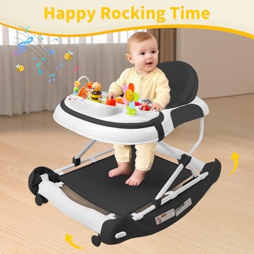 Image of 5 in 1 Baby Walker, Music and Lights Walker for Baby Boy Girls 6-12 Months, Foldable Baby Walkers with Wheels and Bouncer Combo Portable, Toddler Infant Walker with Adjustable Height