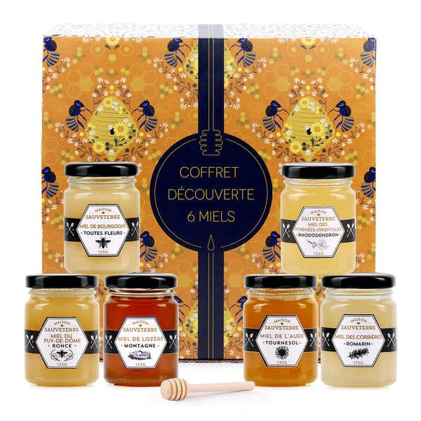 Assortiment de 6 miels de France et cuillère à miel - 6 miels et une cuillère