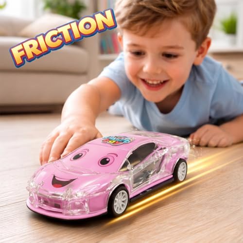 Image of Smiley Face Design Friction Powered Cartoon Car for Kids, Toddlers, Boys and Girls, Flashing Light and Music, Push n go No Battery Required, Gift for Birthday, Festivals Holidays 1003 Pink