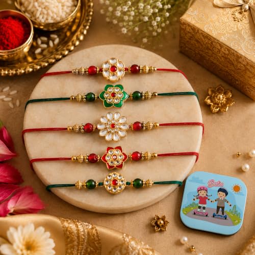 Image of CraftVatika Kundan Rakhi Set of 5 for Brother | Rakhi for Brother | Kundan Rakhis | 5 Rakhi Combo for Bhai Bhaiya Men Boy Kids Girls,Rakhis for Rakshabandhan,Fridge Magnet, Greeting Card, Tilak Set
