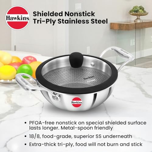 Hawkins Pro 1.5 Litre Shielded Nonstick Triply Deep-Fry Pan, Kadhai with Stainless Steel Handles and Glass Lid, Silver (PSNK15G), 18 cm - Image 3
