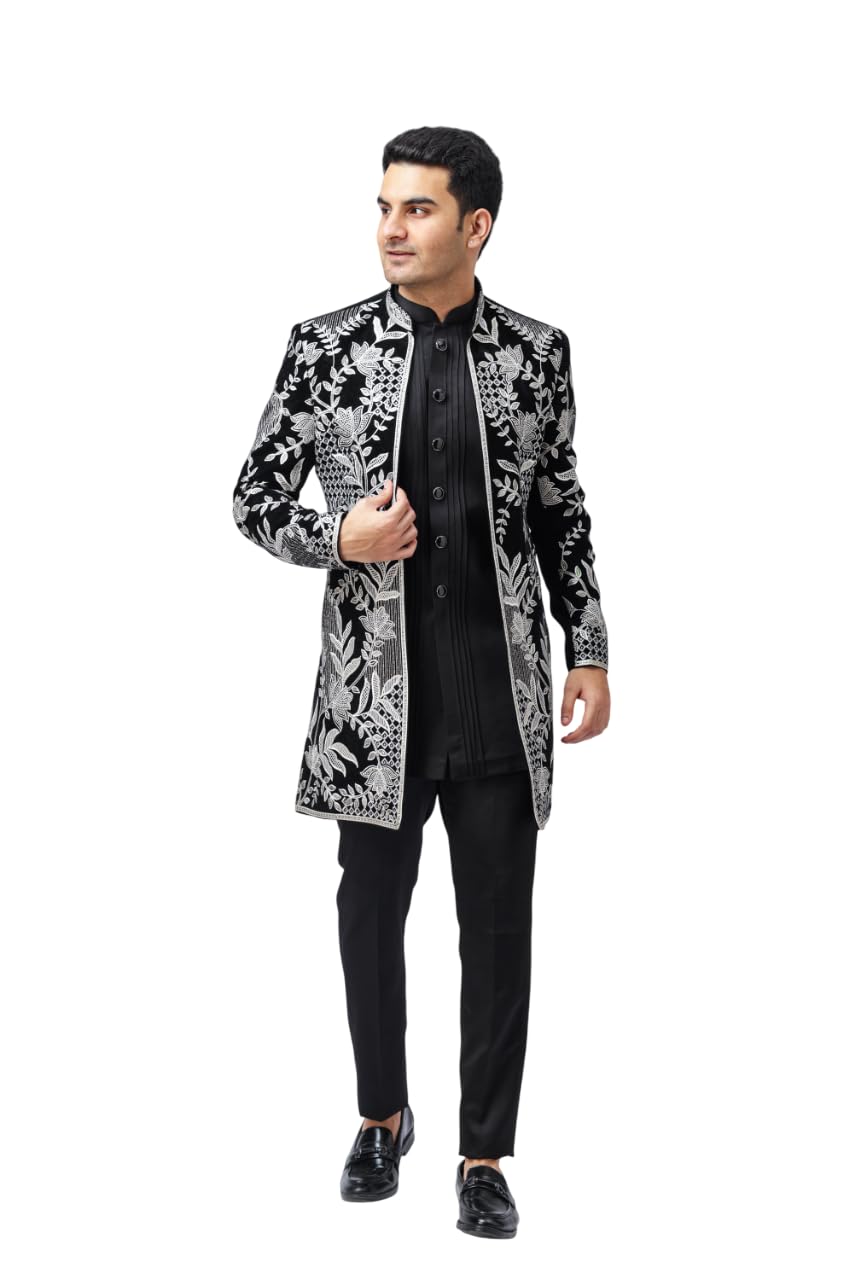 Men's Black Indo Western 3 Piece Set - Embroidered Blazer with White Detailing, Black Inner and Trouser | Festive Ethnic Wear | Regular Fit