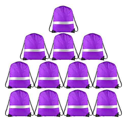 Image of KUUQA 12 Pcs Drawstring Backpack Bag Bulk Reflective Backpack Purple String Bags Cinch Sack Backpack for Team Yoga Sport Gym Traveling