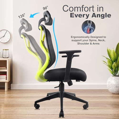 Image of ASTRIDE Ergofit Ergonomic Office Chair for Home | 3-Years Warranty | 2D Headrest, Adjustable Arms & Lumbar Support | Tilt Lock Mechanism [Heavy Duty Nylon Base, Neon Green-Black]