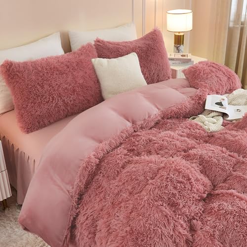 Andency Fluffy Old Pink Comforter Set Queen Size, 3 Pieces Winter Faux Fur Warm Soft Fuzzy Plush Bedding Comforter Set (1 Velvet Comforter & 2 Pillowcases), Thick Heavy Comfy Comforters Bedding Set