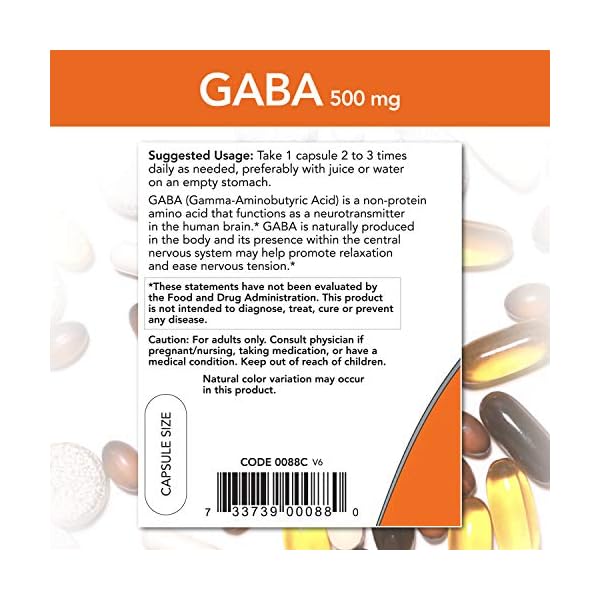 NOW Supplements, GABA (Gamma-Aminobutyric Acid) 500 mg + B-6, Natural Neurotransmitter*, 200 Veg Capsules