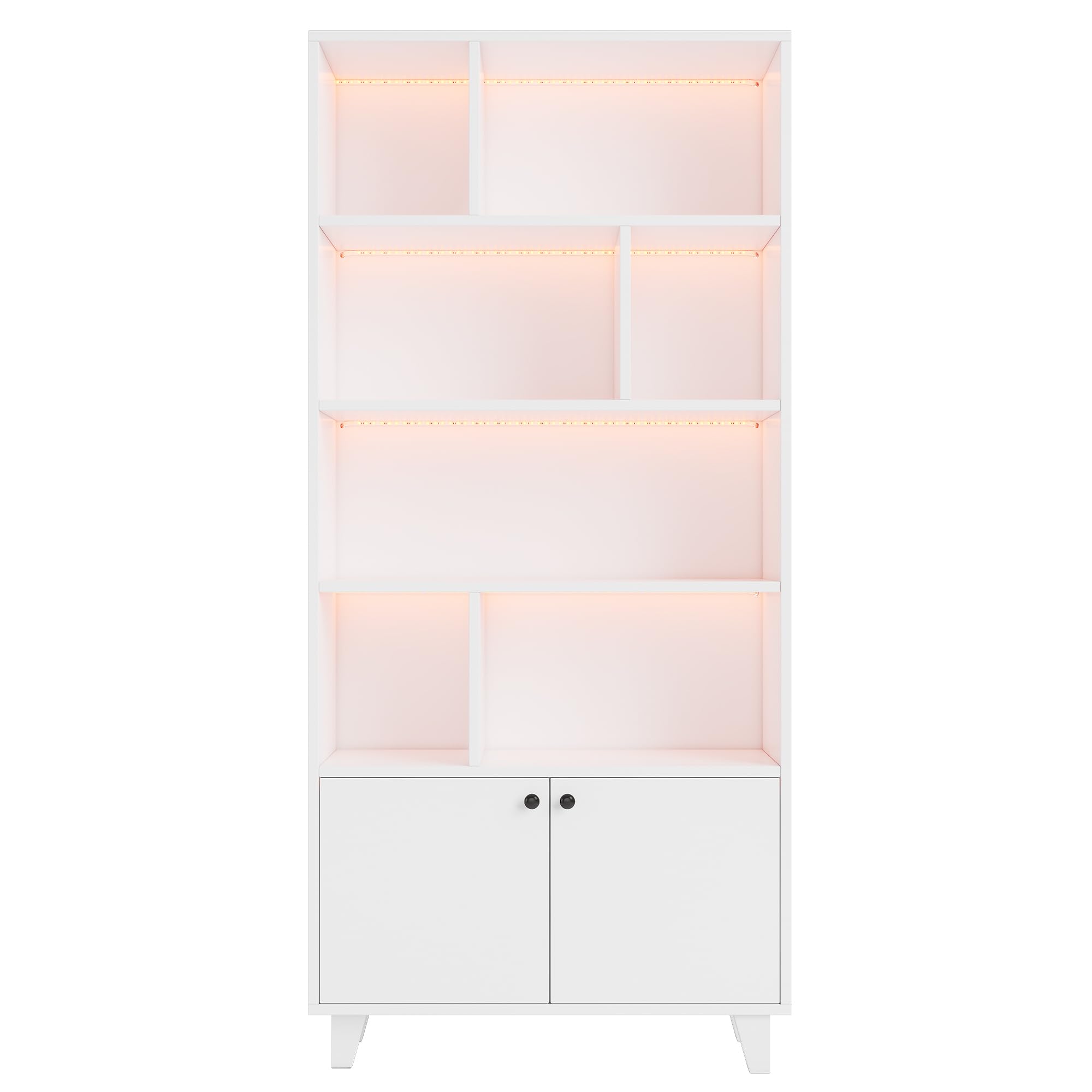 80 x 30 x 173 cm estantería, patas de madera maciza, varios compartimentos, puertas dobles, luz LED que cambia de color, mando a distancia, forma simple (blanco)
