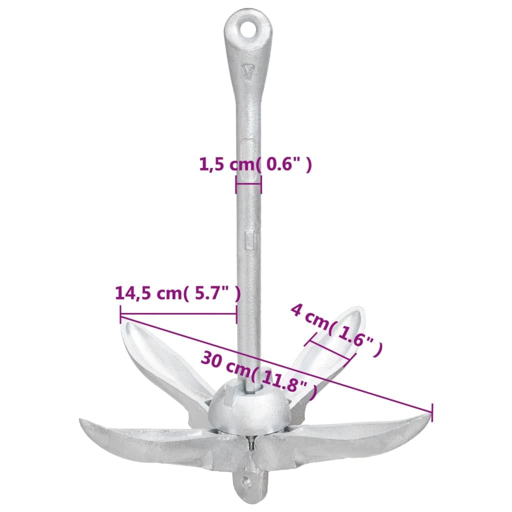 Mangloder - Anclaje plegable con cuerda plateada de 1,5 kg de hierro maleable para barco, kayak, canoa, velero, barco, puerto, puente, bahía, marina, amarre