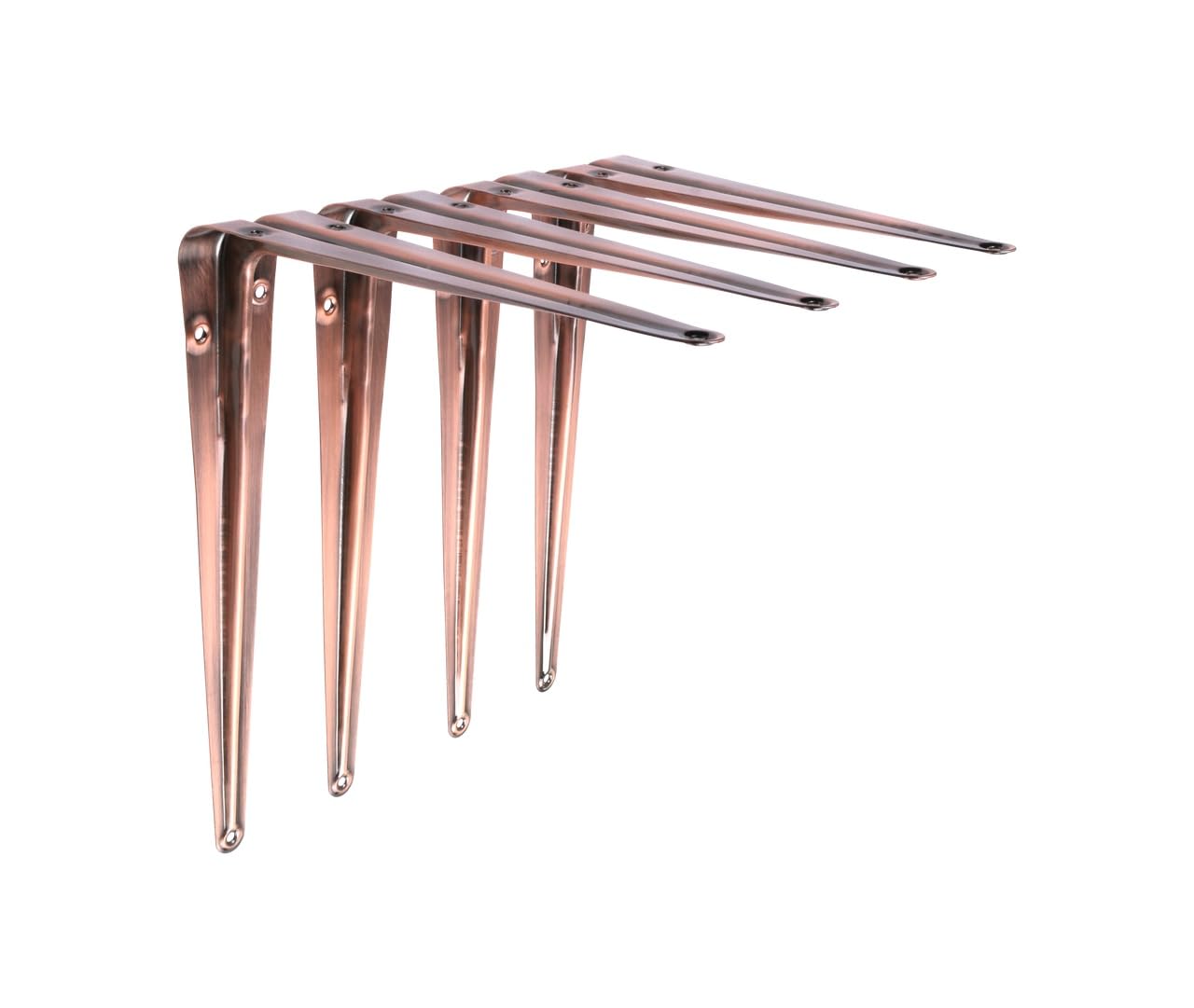 Stiley Living London Shelf Brackets - Heavy Duty Slim Metal Wall Shelf Supports, Tapered Decorative Brackets for Shelving, Industrial Style - 4 Pack (Antique Copper, 200mm x 250mm)