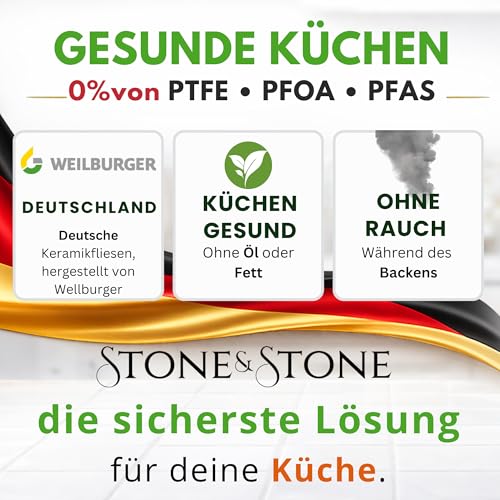 Stone&Stone grill tava 28 cm indukcijska četvrtasta, neprianjajuća grill tava s ručkom koja se može skinuti, njemački keramički premaz, čvrsto čelično postolje, za plin i pećnicu, bez PFAS, PFOA i PTFE