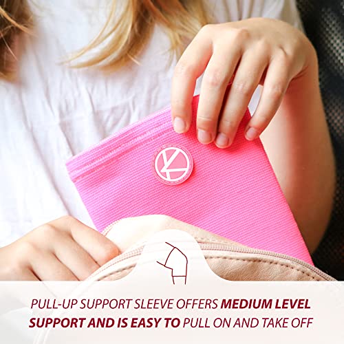 Image of KARM Kids Knee Brace Sleeve - Youth Knee Compression Sleeve for Kids, Child - Support for Pain, Sports, Football, Basketball, Gymnastics, Recovery, Boys & Girls (Neon Pink)