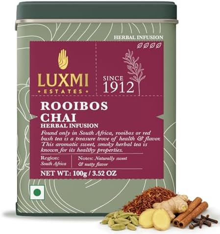 Luxmi Estates Rooibos Chai – 100% Natural Herbal Infusion | 100g Tin Caddy | Caffeine-Free | Antioxidant-Rich | Supports Digestion, Heart & Skin Health | 50 Cups