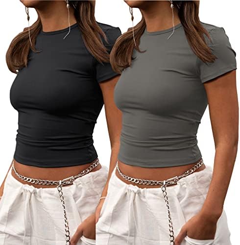 ZHENWEI Cute Workout Sets for Women Short Sleeve Basic Gym Athletic Tee Tight Cropped T Shirt Tops Black&Grey L