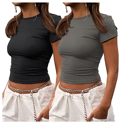 ZHENWEI Cute Workout Sets for Women Short Sleeve Basic Gym Athletic Tee Tight Cropped T Shirt Tops Black&Grey L