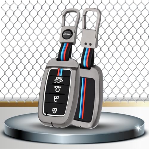 Image of KEYCEPT Metal Key Cover Compatible for Kia Seltos | Sonet | Carens 4 Button Smart Key with Keychain (Short Keychain).
