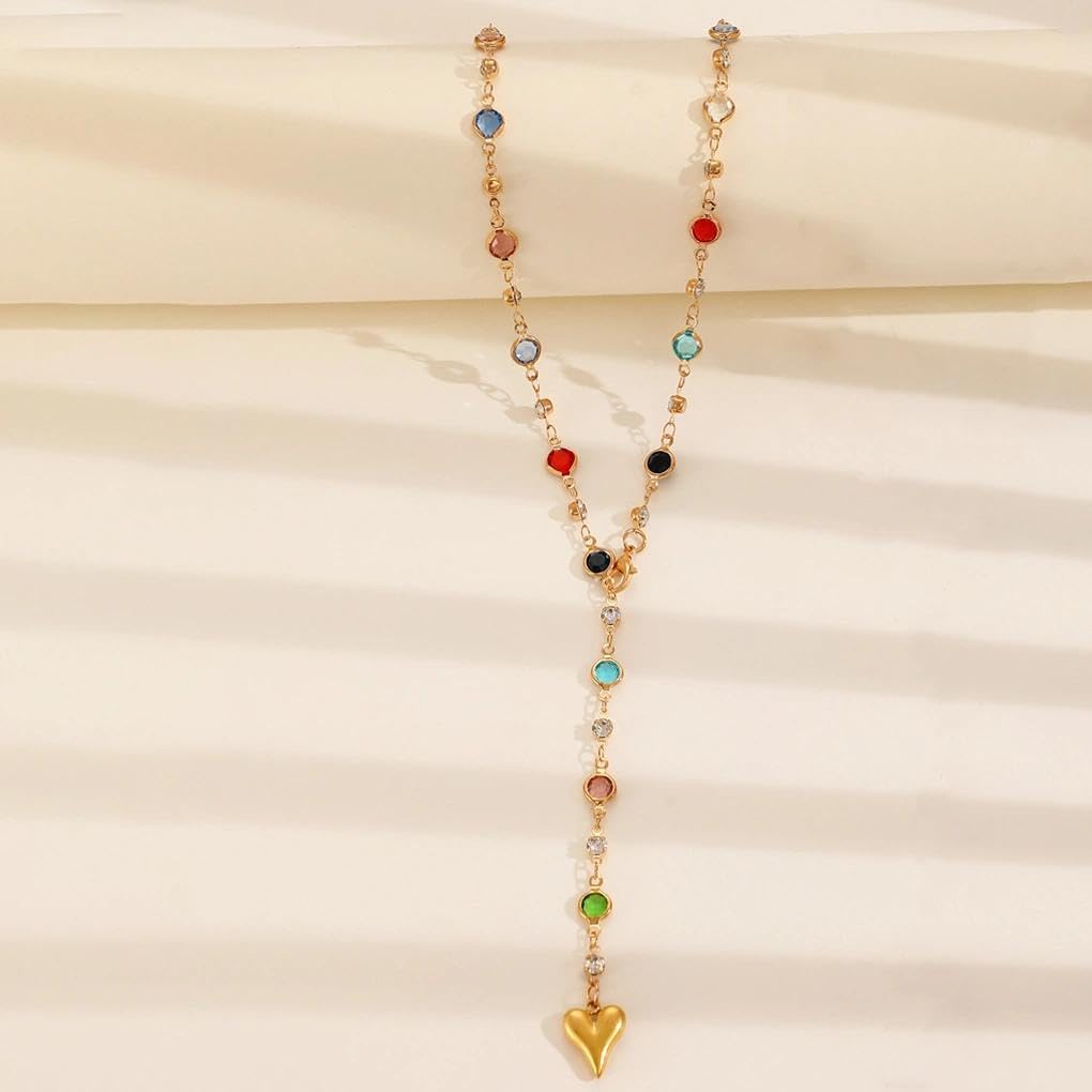 Rrdaily Vintage Gold Colorful Zircon Heart Lariat Necklaces for Women,Dainty Colored Rhinestone Love Y Necklace,Charm Birthday Party Jewelry Accessories Gifts - Image 6