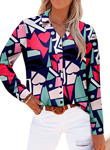Magritta Womens Collared Blouses Tops Dressy Spring Summer Graffiti Heart Button Down Long Sleeve Oversized Cuffed V Neck Shirts Blue Xx-Large #TOP9