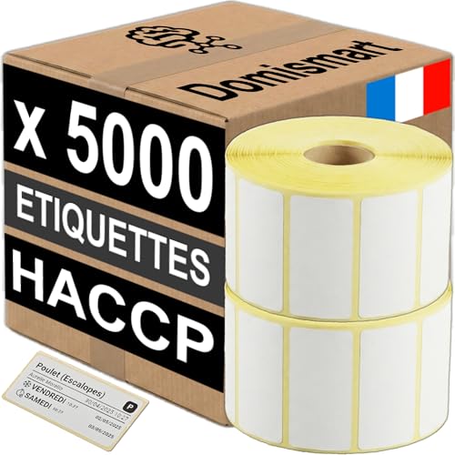 Domismart - Étiquettes HACCP Traçabilité DLC 51x25mm - Lot de 5000 Étiquettes (2 Rouleaux) - Adhésif Amovible Sans Résidu - Pour Applications HACCP - Compatible avec Imprimantes Brother