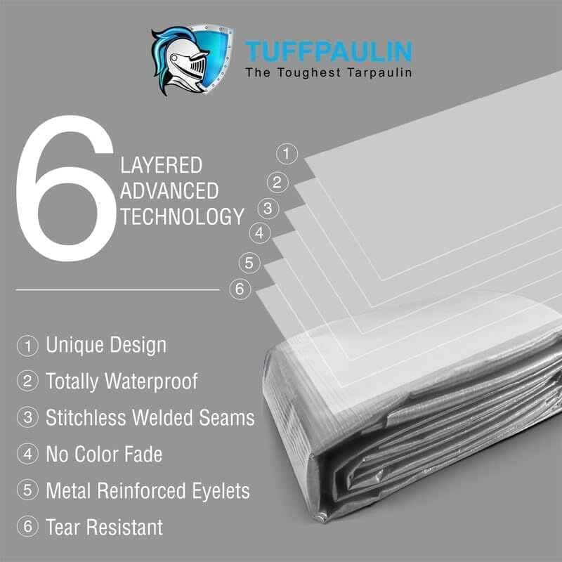 Image of TUFFPAULIN 15FT X 12FT 70 GSM Silver Extra Strong Virgin Tarpaulin Tirpal Tadpatri Tharpai Thadika Mulching Sheet, UV Resistant Eyelets, 100% Waterproof, 6 Layer 3D Rib Technology