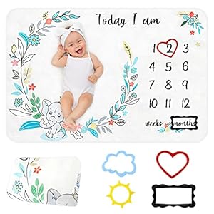 Milestone Blanket and Baby Monthly Blanket for Girl Boy,60″x40″ Newborn Baby Blanket for Girls,Soft Premium Fleece,Elephant Pattern 4 Felt Frames,Record Baby Week Month Grow Blanket Shower Gifts