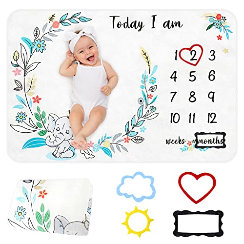 Milestone Blanket and Baby Monthly Blanket for Girl Boy,60″x40″ Newborn Baby Blanket for Girls,Soft Premium Fleece,Elephant Pattern 4 Felt Frames,Record Baby Week Month Grow Blanket Shower Gifts